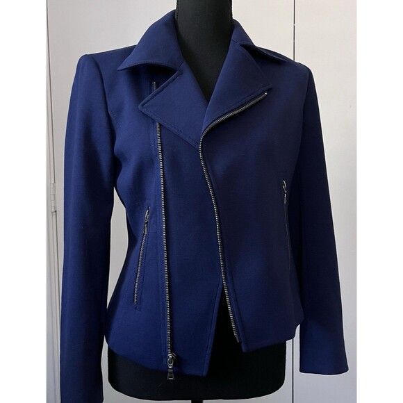 TAHARI blue asymmetrical full-zip jacket side zip pockets notch lapel Small - Picture 3 of 10